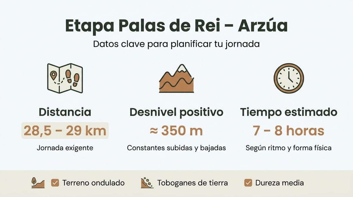 Infografía con distancia, desnivel y tiempo estimado de la etapa de Palas de Rei a Arzúa