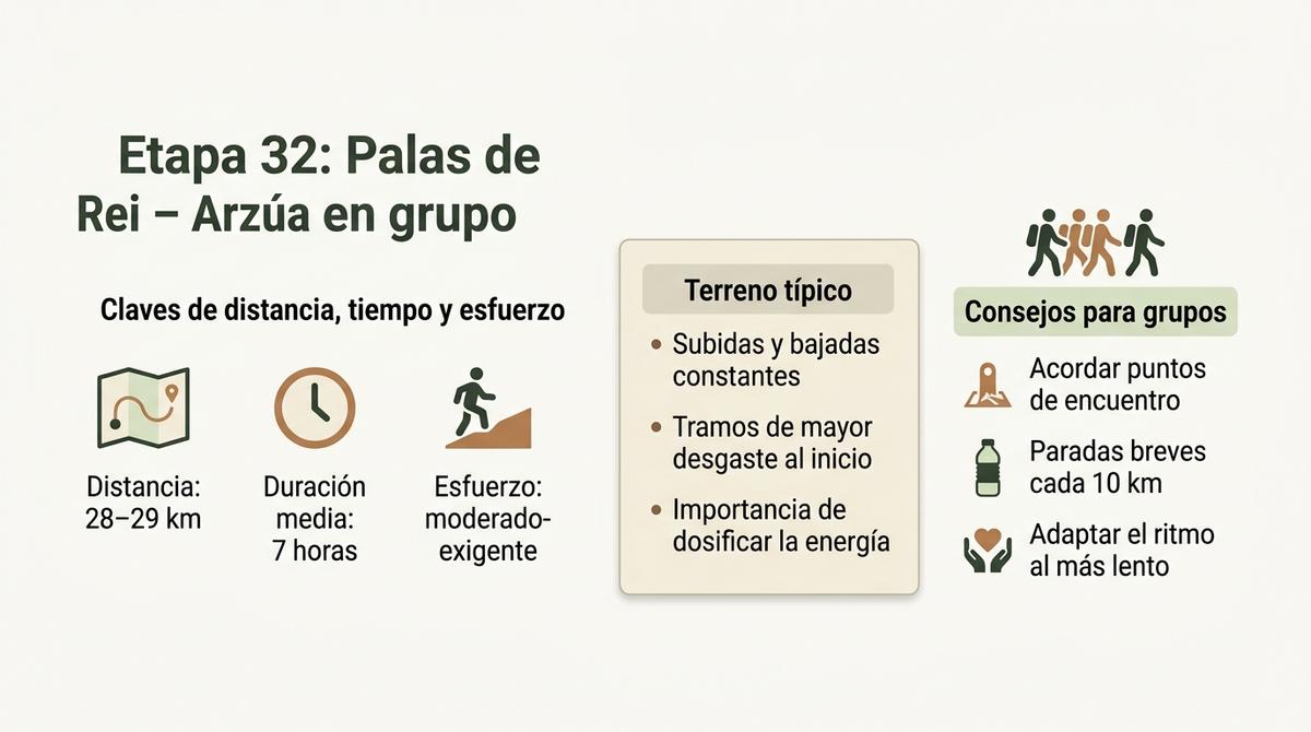 Infografía con distancia, duración, dificultad y consejos para grupos en la etapa de Palas de Rei a Arzúa.