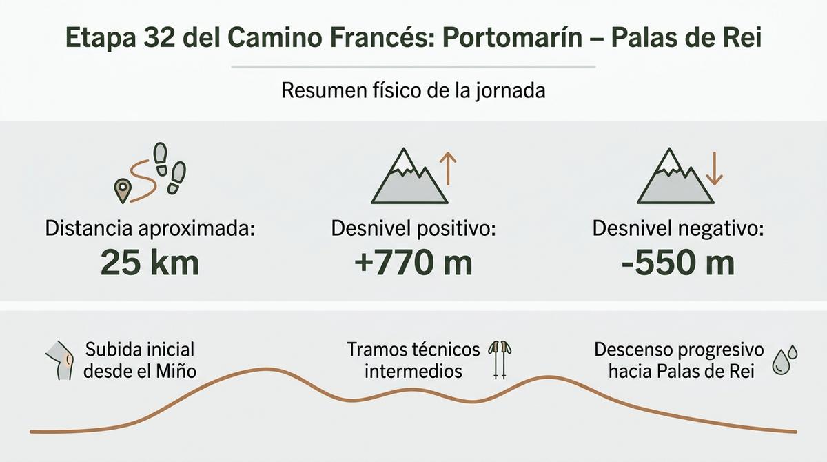 Infografía con distancia y desniveles de la etapa 32 del Camino Francés entre Portomarín y Palas de Rei.