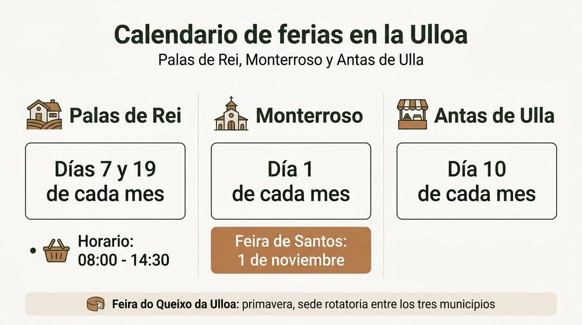 Infografía con el calendario de mercados de Palas de Rei, Monterroso y Antas de Ulla en la comarca de la Ulloa
