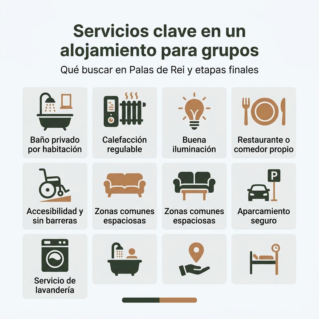 Infografía con iconos que muestran los servicios clave en un alojamiento para grupos en el Camino de Santiago.