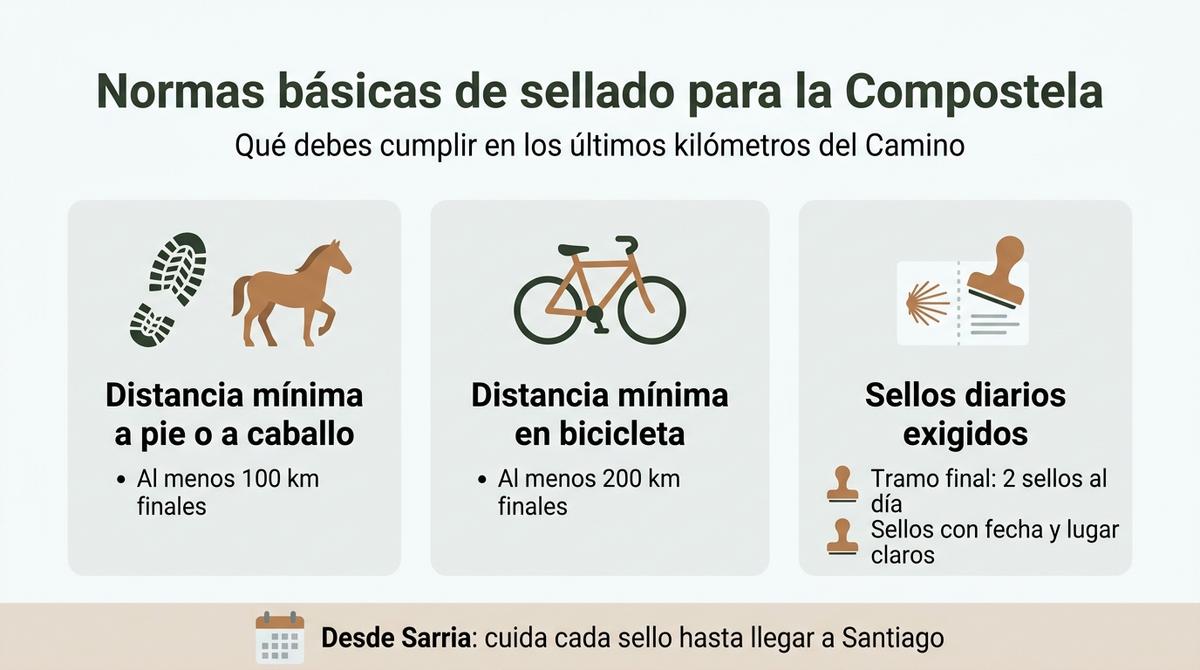 Infografía con las normas básicas de sellado y distancias mínimas para obtener la Compostela