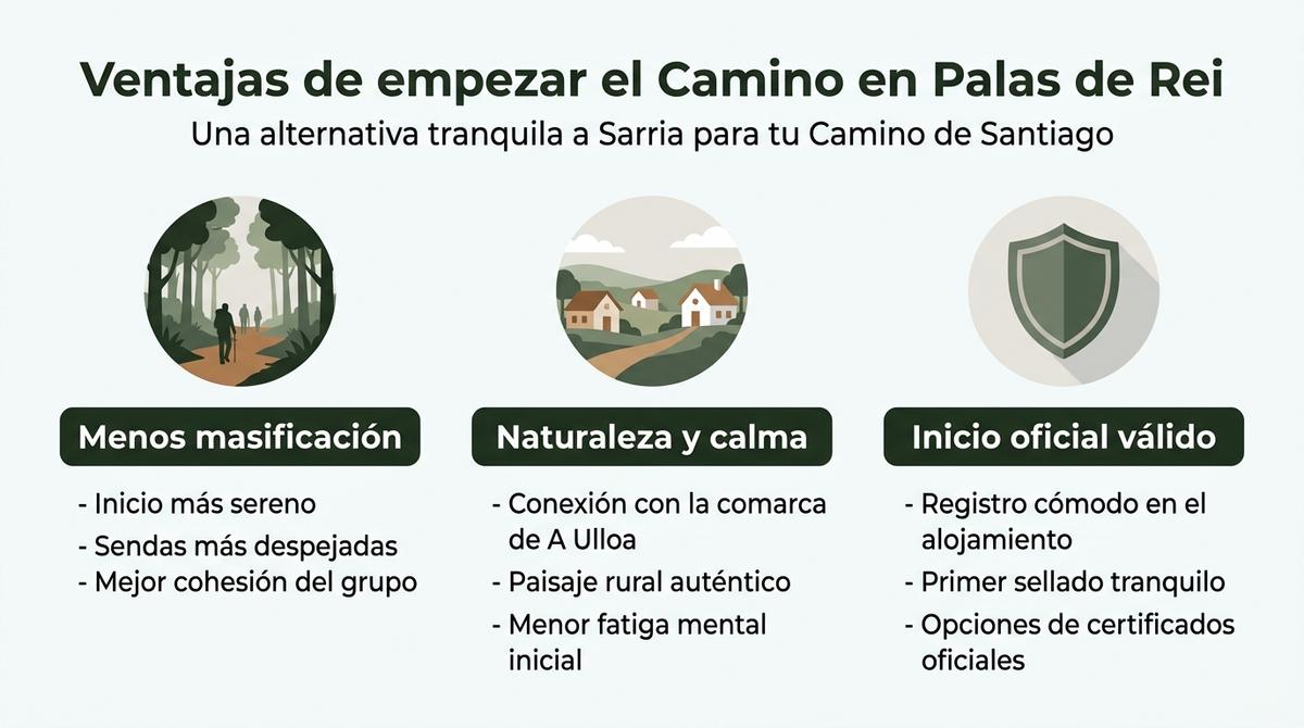 Infografía con las principales ventajas de comenzar el Camino de Santiago en Palas de Rei frente a otros puntos