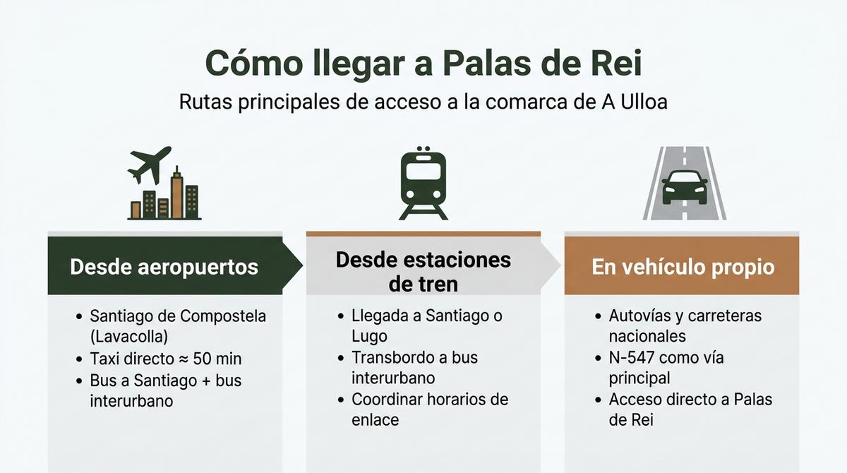 Infografía con las rutas principales para llegar a Palas de Rei en avión, tren o coche propio.