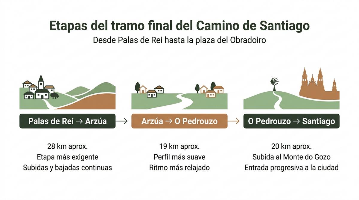 Infografía con las tres etapas del tramo final del Camino de Santiago de Palas de Rei a Santiago.