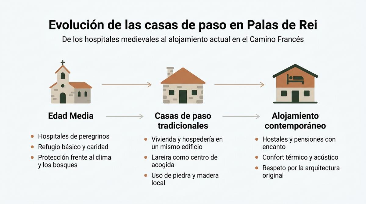 Infografía con línea de tiempo que muestra la evolución de las casas de paso en Palas de Rei desde hospitales medievales hasta alojamientos actuales.