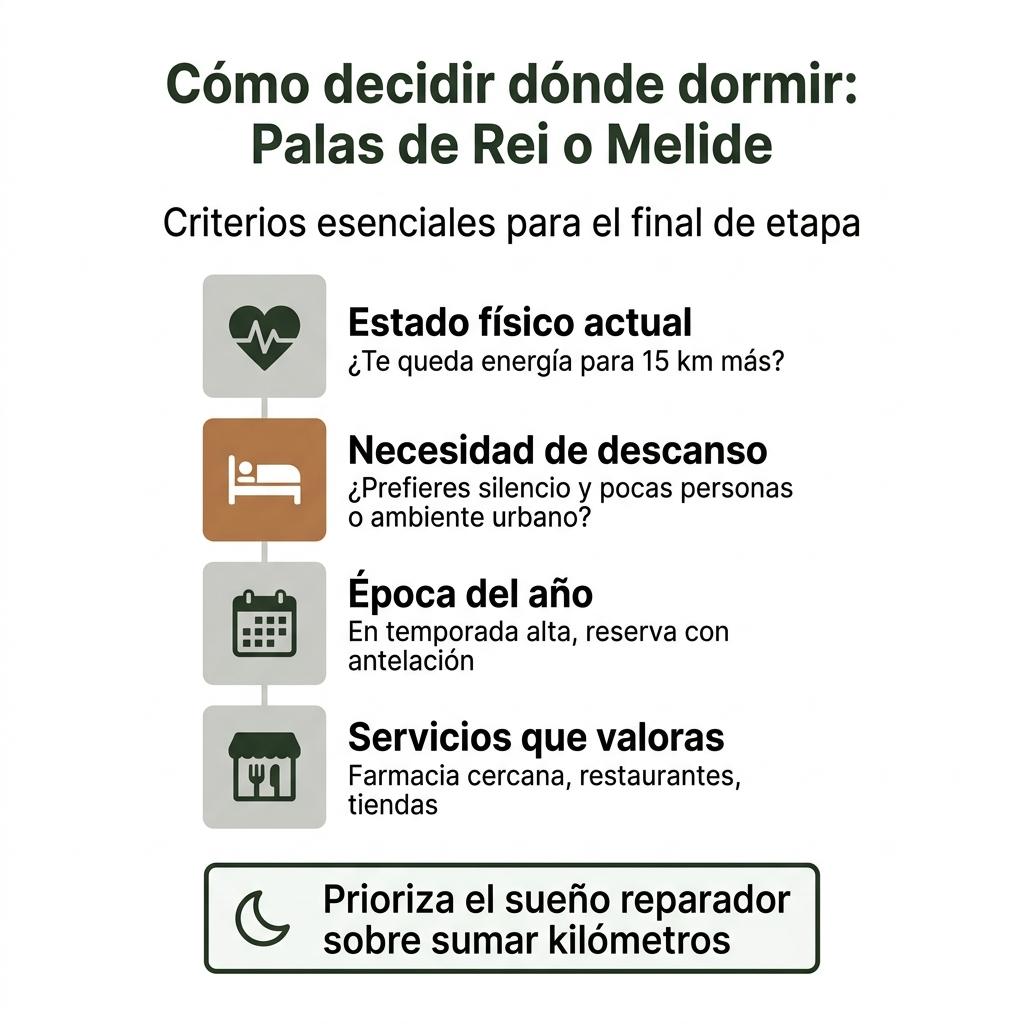 Infografía con los criterios principales para decidir entre dormir en Palas de Rei o en Melide