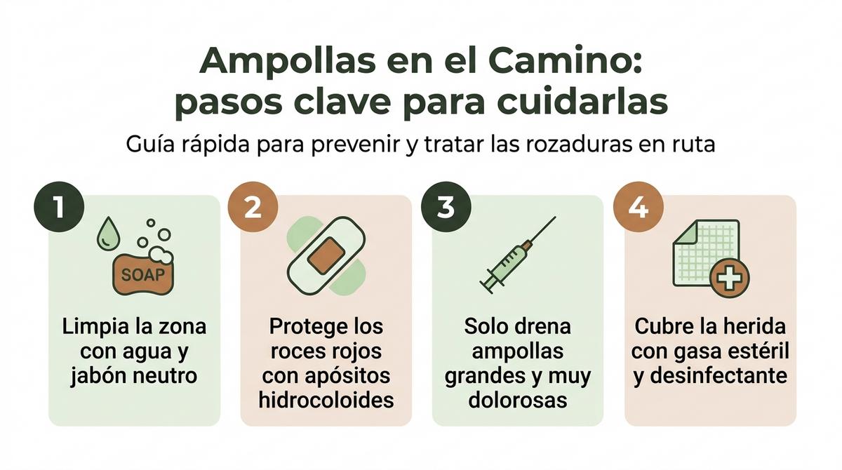 Infografía con los pasos básicos para prevenir y tratar ampollas durante el Camino de Santiago.