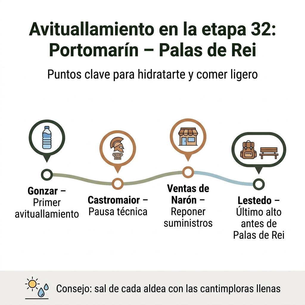 Infografía con los principales puntos de avituallamiento de la etapa 32 entre Portomarín y Palas de Rei.