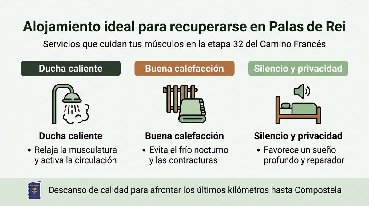 Infografía con los servicios de alojamiento recomendados en Palas de Rei para recuperarse físicamente en el Camino.