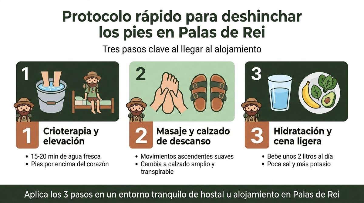 Infografía con los tres pasos del protocolo de recuperación para pies hinchados en Palas de Rei.
