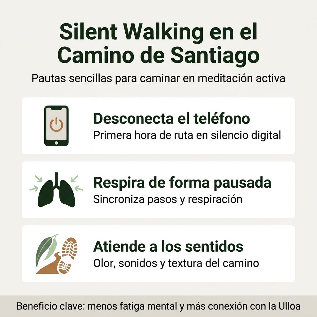 Infografía con pautas de Silent Walking para practicar meditación activa caminando en el Camino de Santiago.