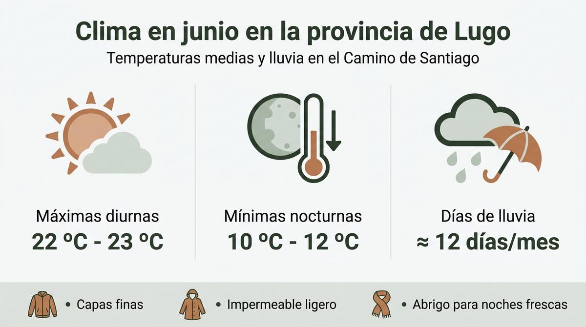 Infografía con rangos de temperaturas y días de lluvia de junio en la provincia de Lugo para el Camino de Santiago.