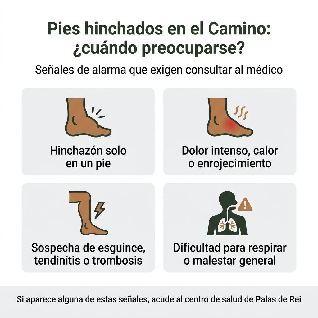 Infografía con señales de alarma que indican cuándo la hinchazón de pies en el Camino de Santiago requiere atención médica.