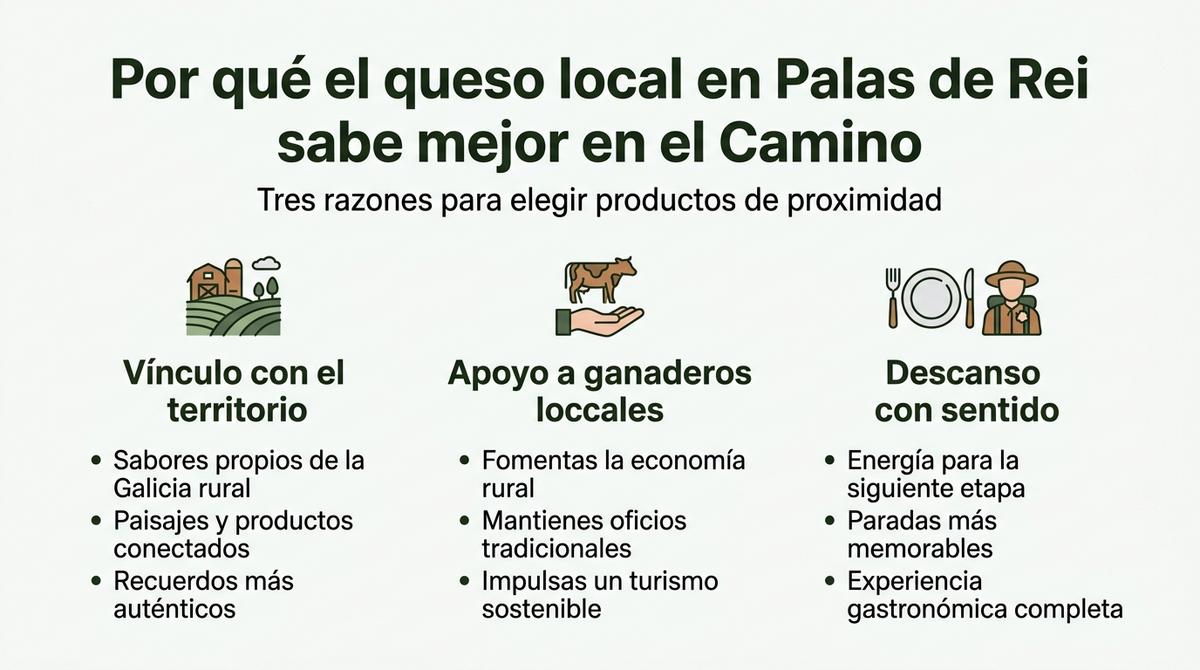 Infografía con tres columnas que explican los beneficios de consumir queso local en Palas de Rei durante el Camino de Santiago