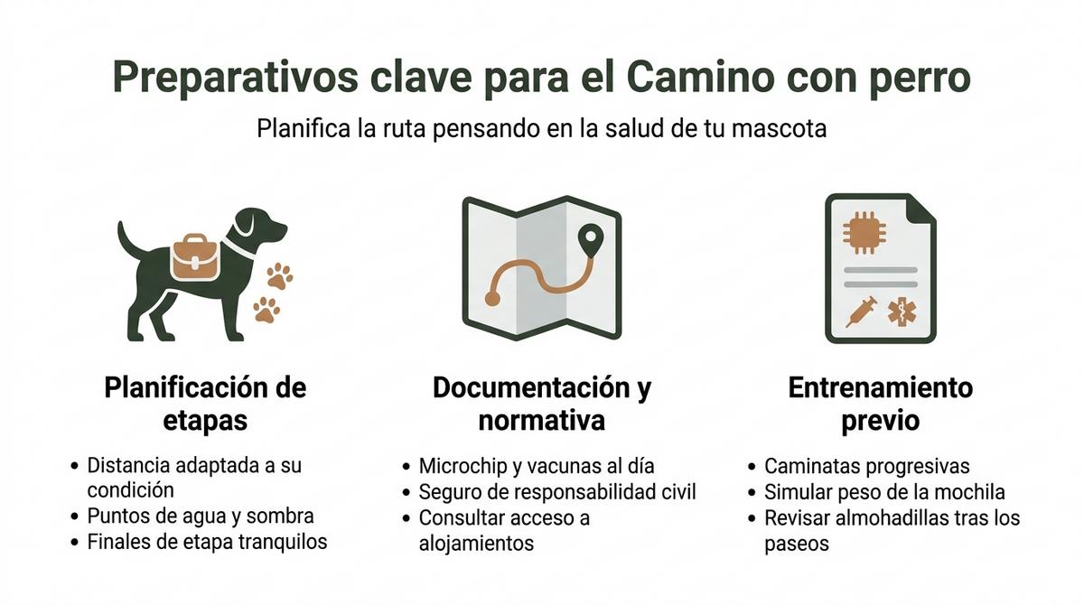 Infografía con tres columnas que muestra los preparativos clave para hacer el Camino de Santiago con perro