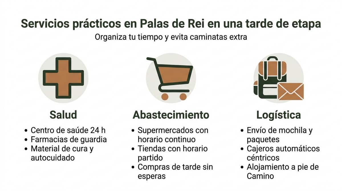 Infografía con tres columnas que resume salud, abastecimiento y logística básica para el peregrino en Palas de Rei.