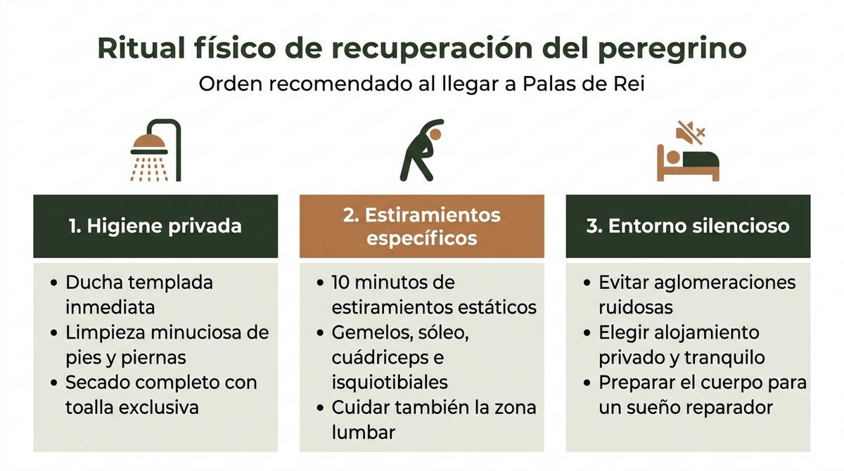 Infografía con tres columnas que resumen higiene, estiramientos y entorno silencioso para la recuperación del peregrino.