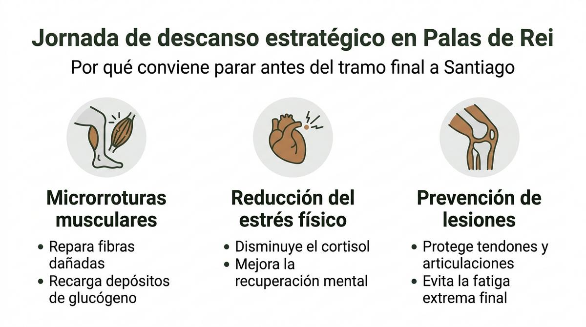 Infografía con tres columnas que resumen las ventajas de hacer una jornada de descanso en Palas de Rei antes de llegar a Santiago