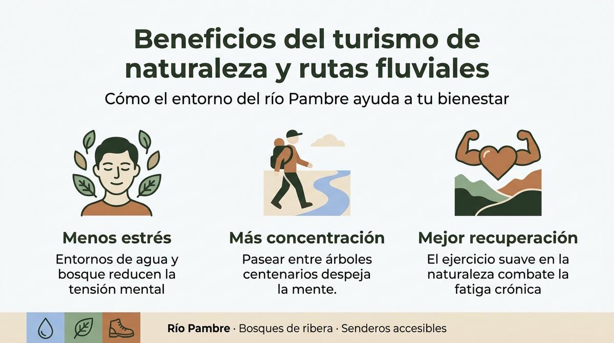 Infografía con tres columnas que resumen los beneficios del turismo de naturaleza y rutas fluviales para el bienestar.