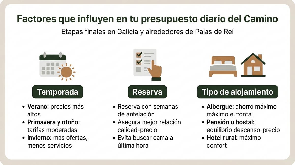 Infografía con tres columnas que resumen temporada, reservas y tipos de alojamiento que influyen en el presupuesto diario del Camino de Santiago en Galicia.