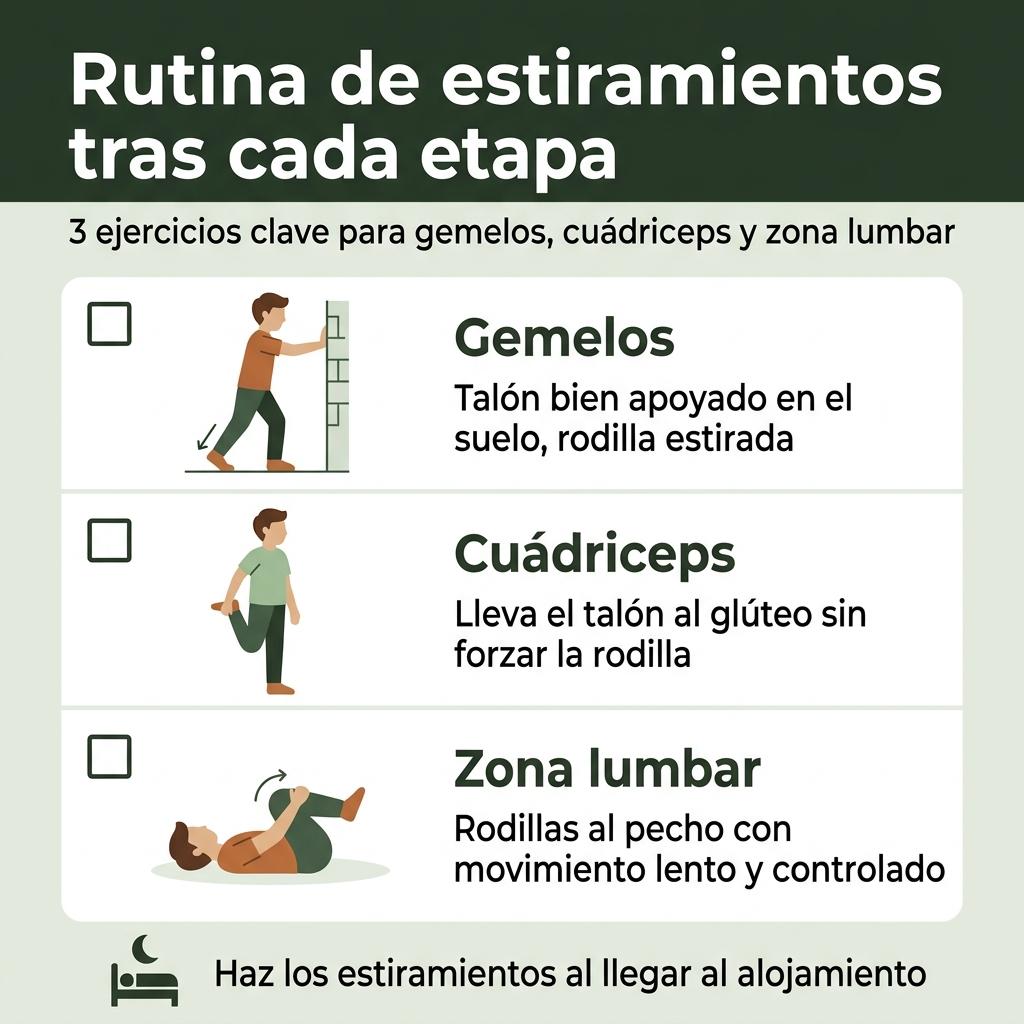 Infografía con tres estiramientos básicos para gemelos, cuádriceps y zona lumbar tras una etapa del Camino.