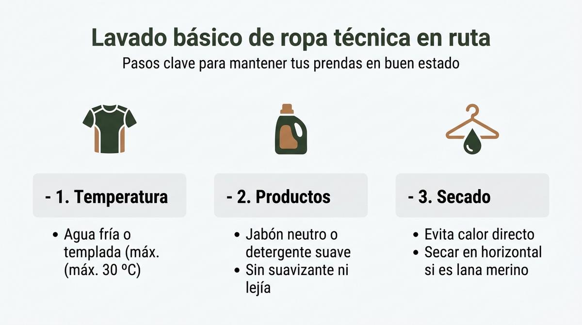 Infografía con tres pasos básicos para lavar y secar ropa técnica de peregrino en ruta