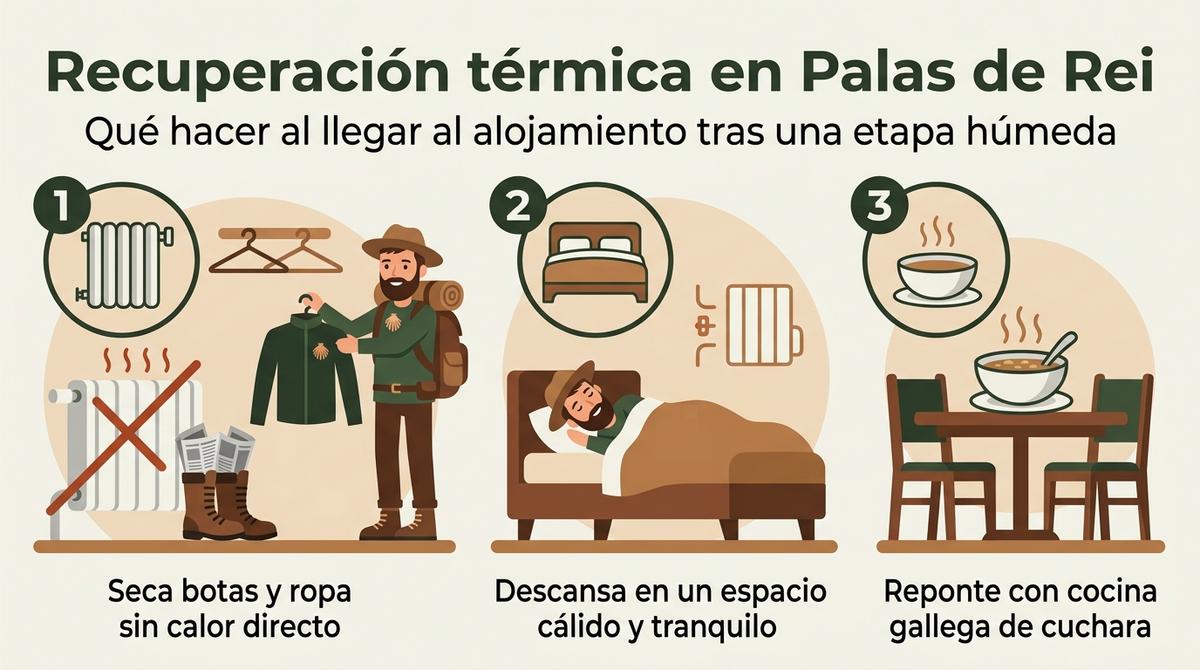 Infografía con tres pasos para recuperar el calor en un alojamiento de Palas de Rei tras caminar bajo la niebla.