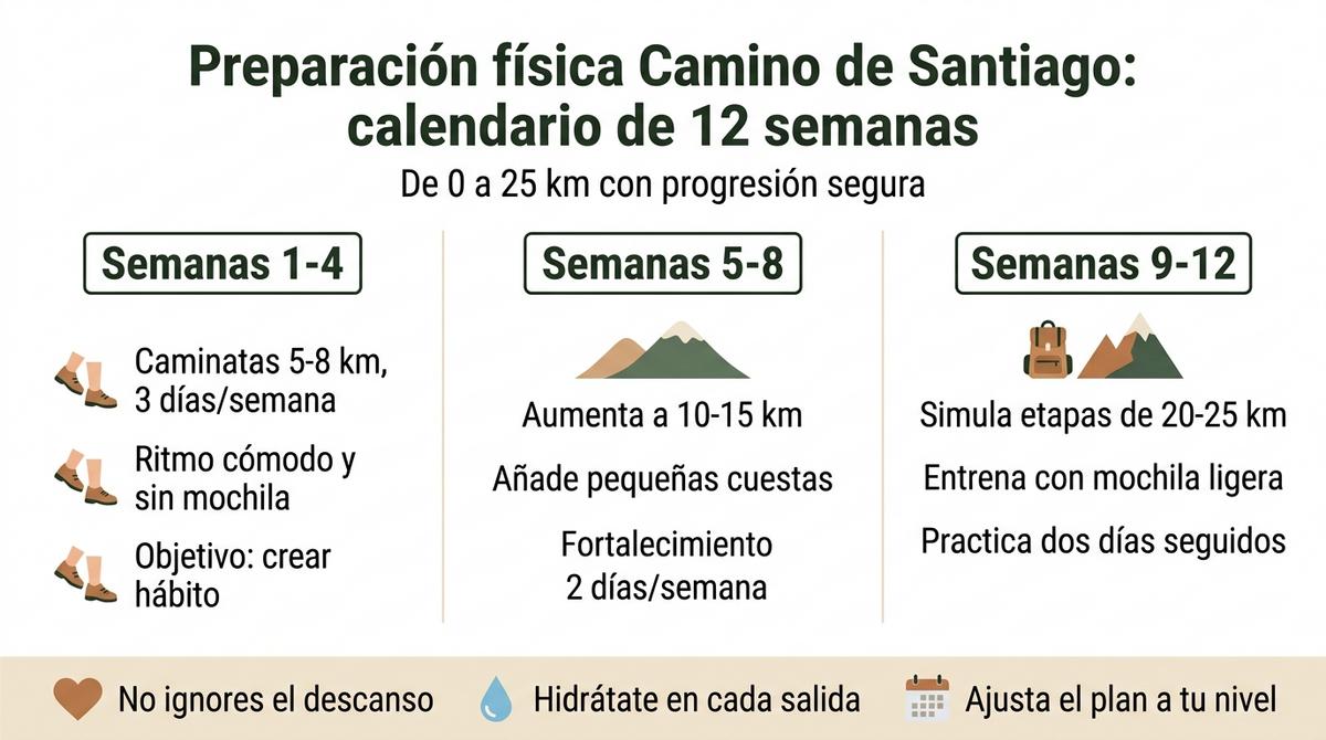 Infografía con un calendario de 12 semanas de preparación física progresiva para el Camino de Santiago