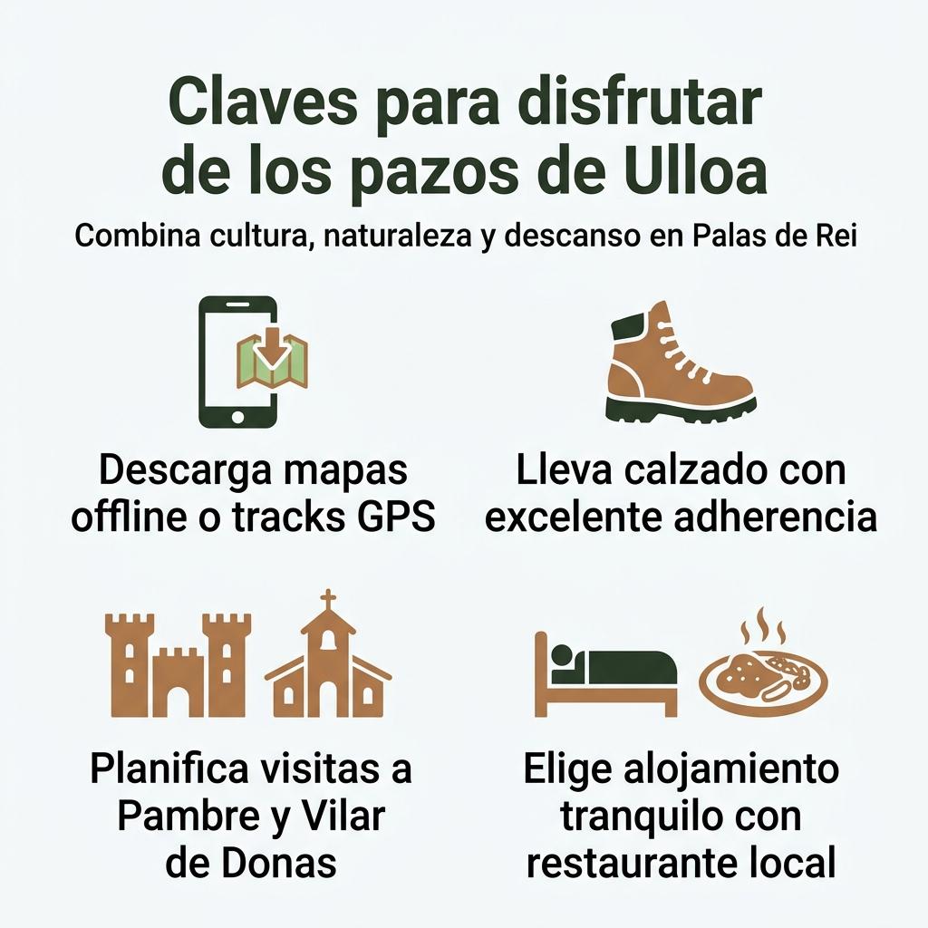 Infografía con un checklist visual de recomendaciones para la ruta de los pazos de Ulloa en Palas de Rei