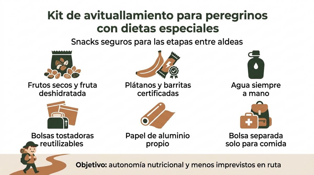 Infografía con un listado visual de snacks y material básico de avituallamiento para peregrinos con dietas especiales.