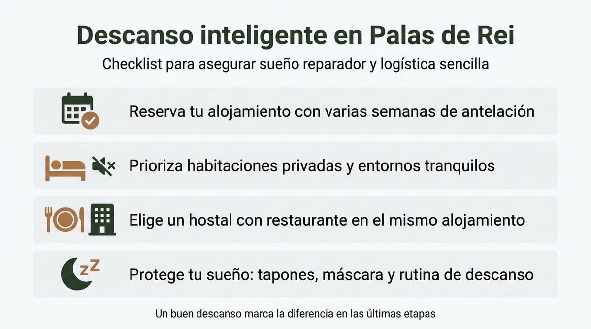 Infografía con una checklist de recomendaciones para reservar alojamiento y descansar mejor en Palas de Rei.