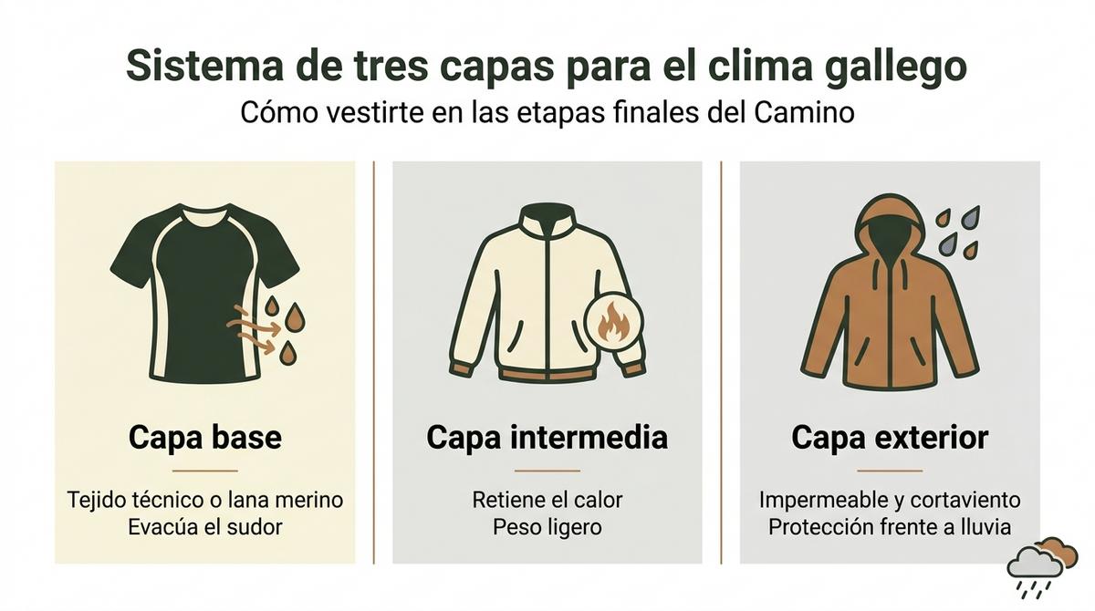 Infografía del sistema de tres capas de ropa recomendado para el clima gallego en el Camino de Santiago.