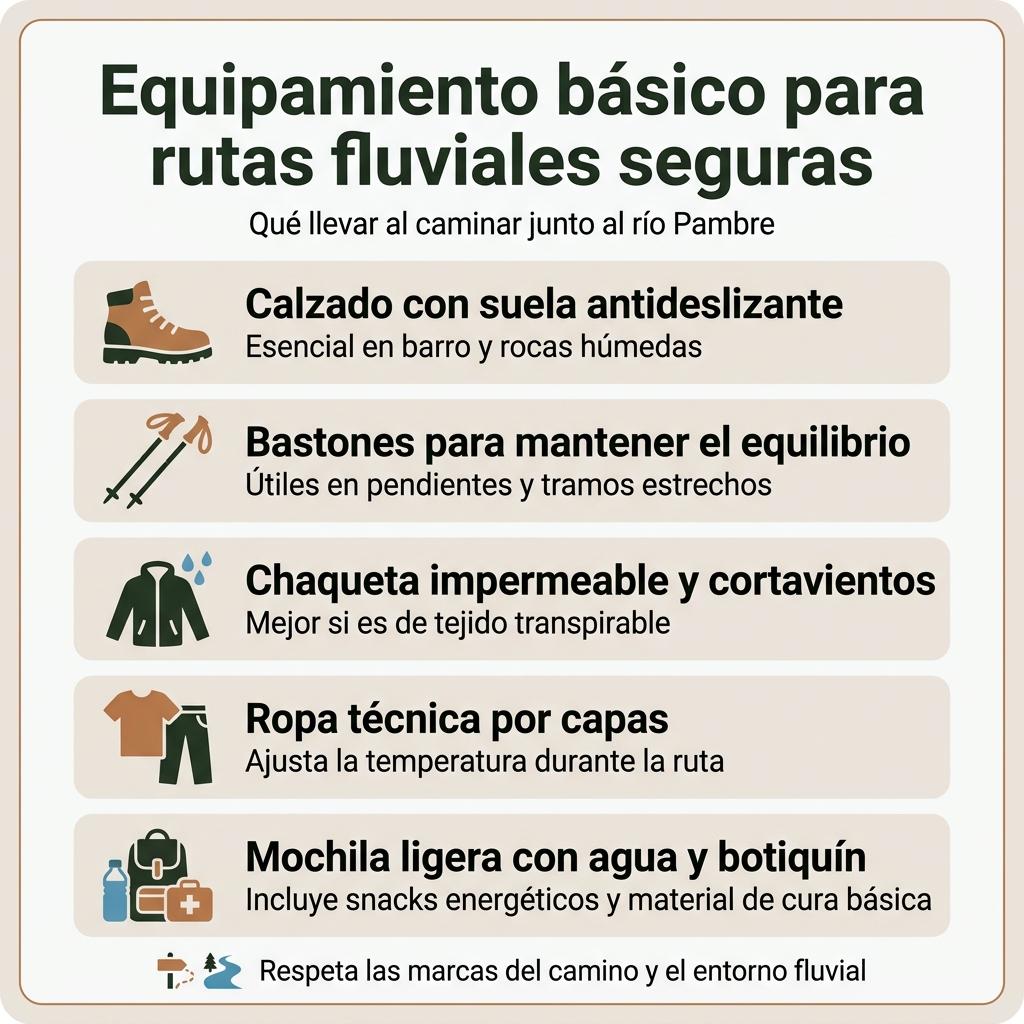 Infografía en formato checklist con iconos que muestra el equipamiento básico recomendado para caminar con seguridad junto al río Pambre.