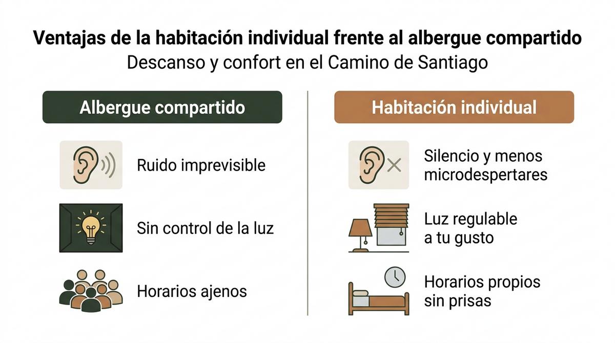 Infografía que compara descanso en albergue compartido y habitación individual durante el Camino de Santiago