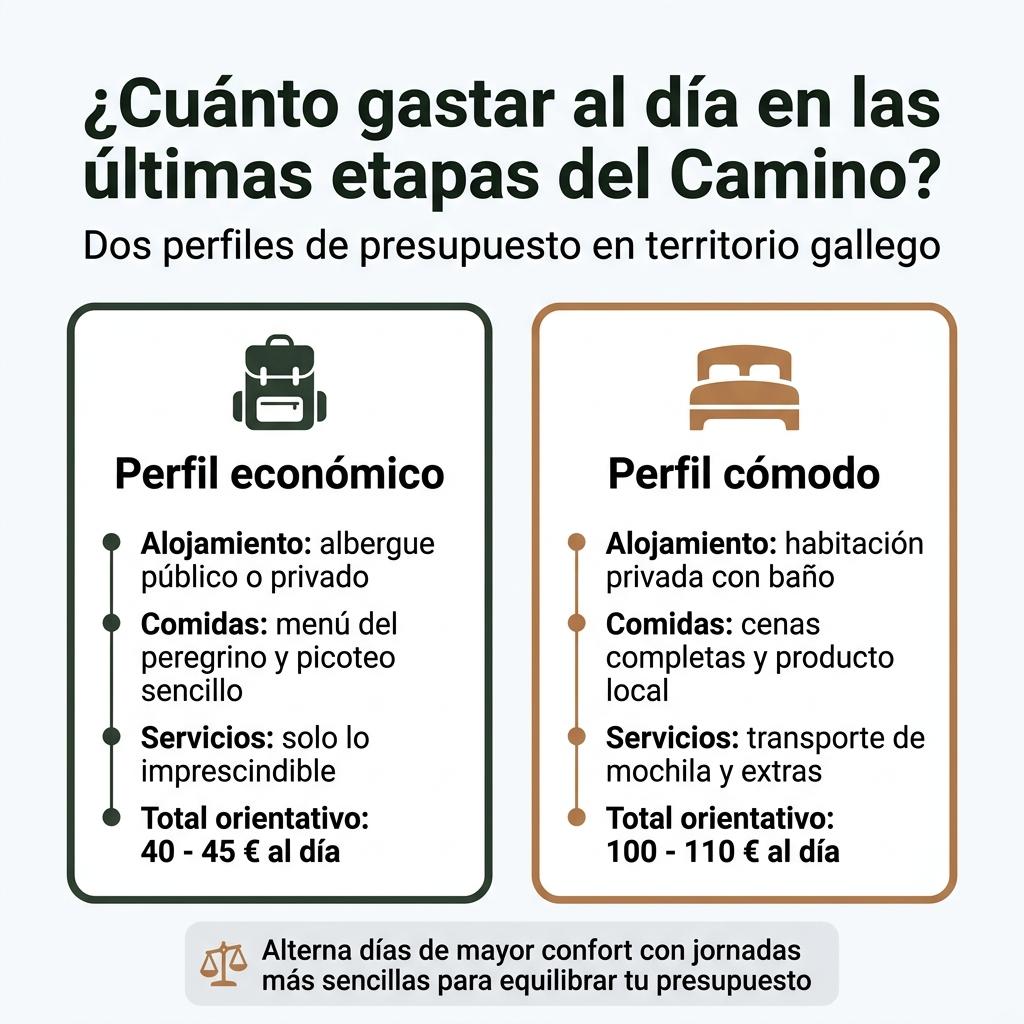 Infografía que compara el presupuesto diario de un peregrino económico y otro que prioriza la comodidad en las últimas etapas del Camino de Santiago.