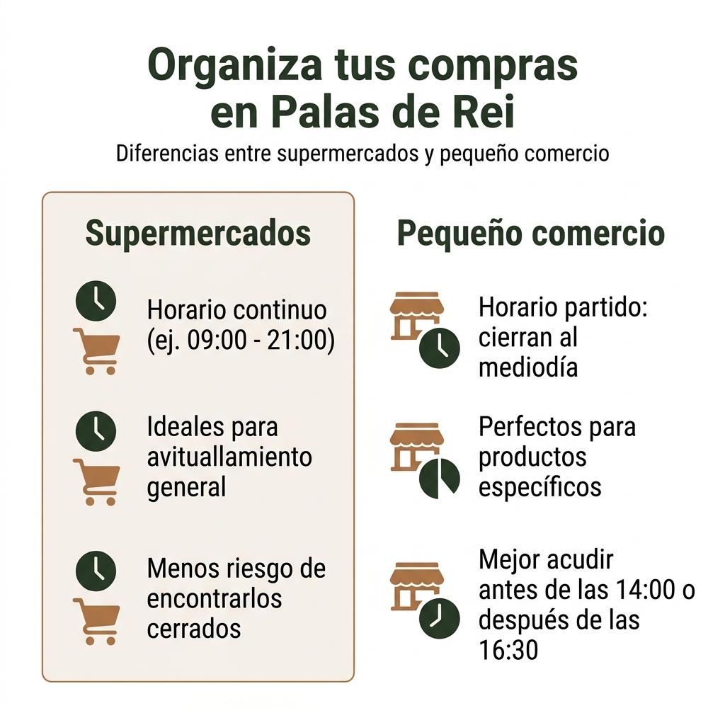 Infografía que compara en dos columnas los horarios y ventajas de supermercados y pequeño comercio en Palas de Rei.