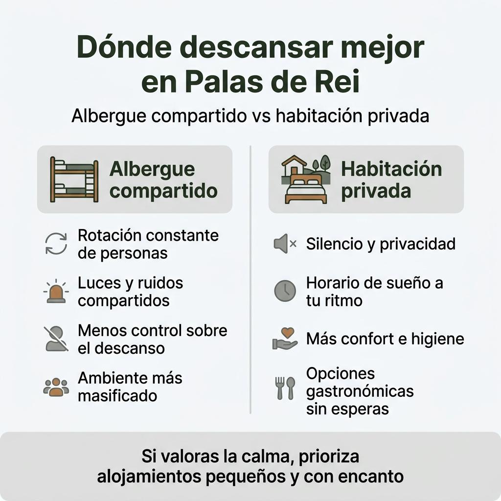 Infografía que compara las características de un albergue compartido y una habitación privada para peregrinos en Palas de Rei.