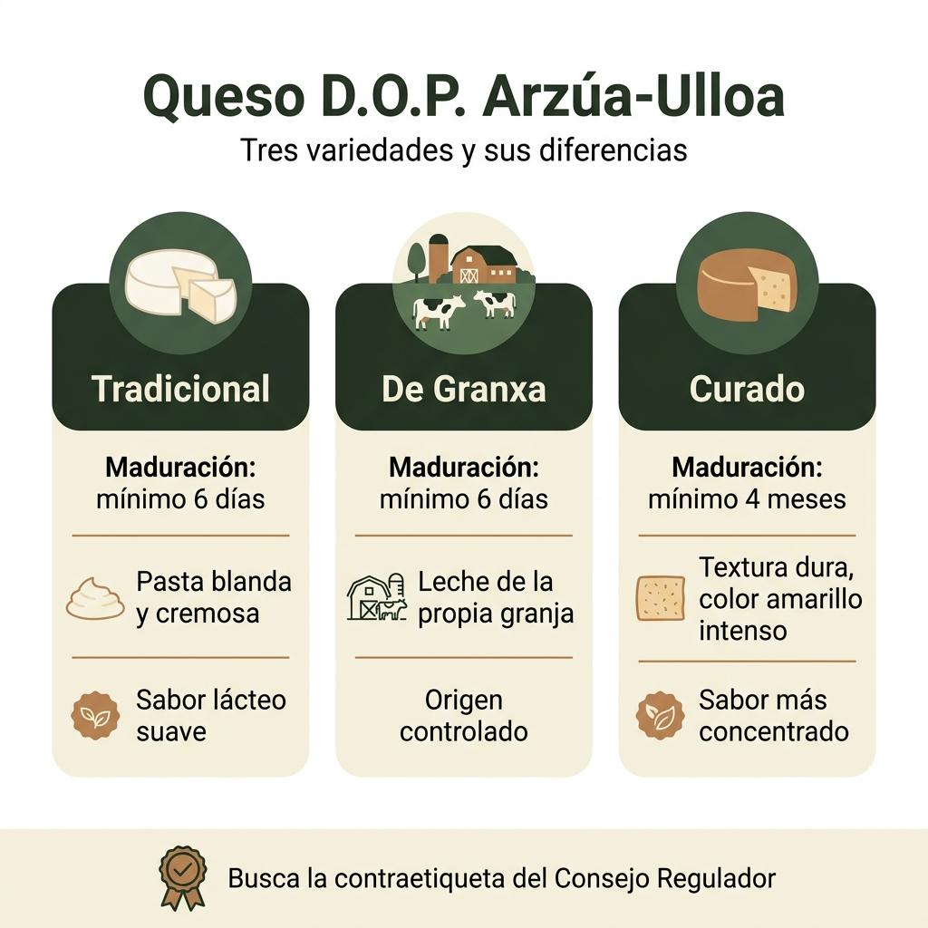 Infografía que compara las variedades de queso Arzúa-Ulloa tradicional, de granja y curado