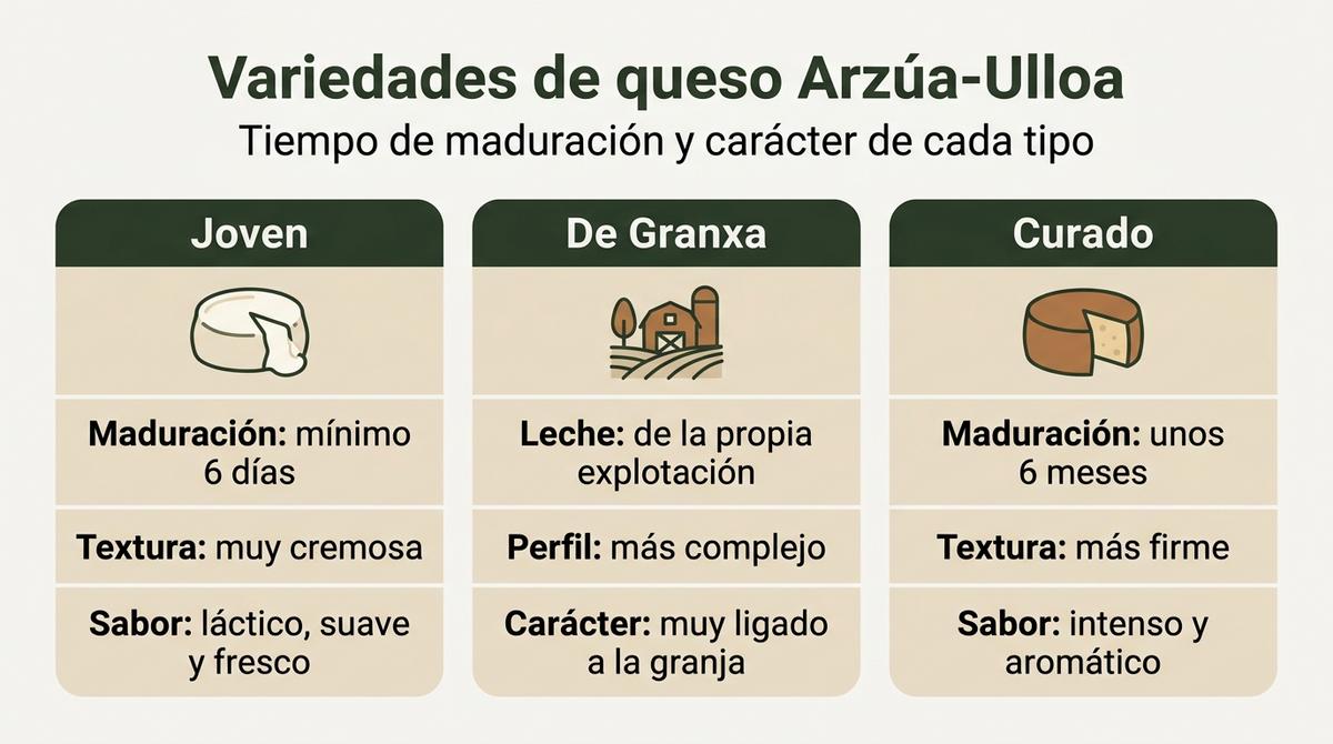 Infografía que compara las variedades joven, de granja y curada del queso Arzúa-Ulloa
