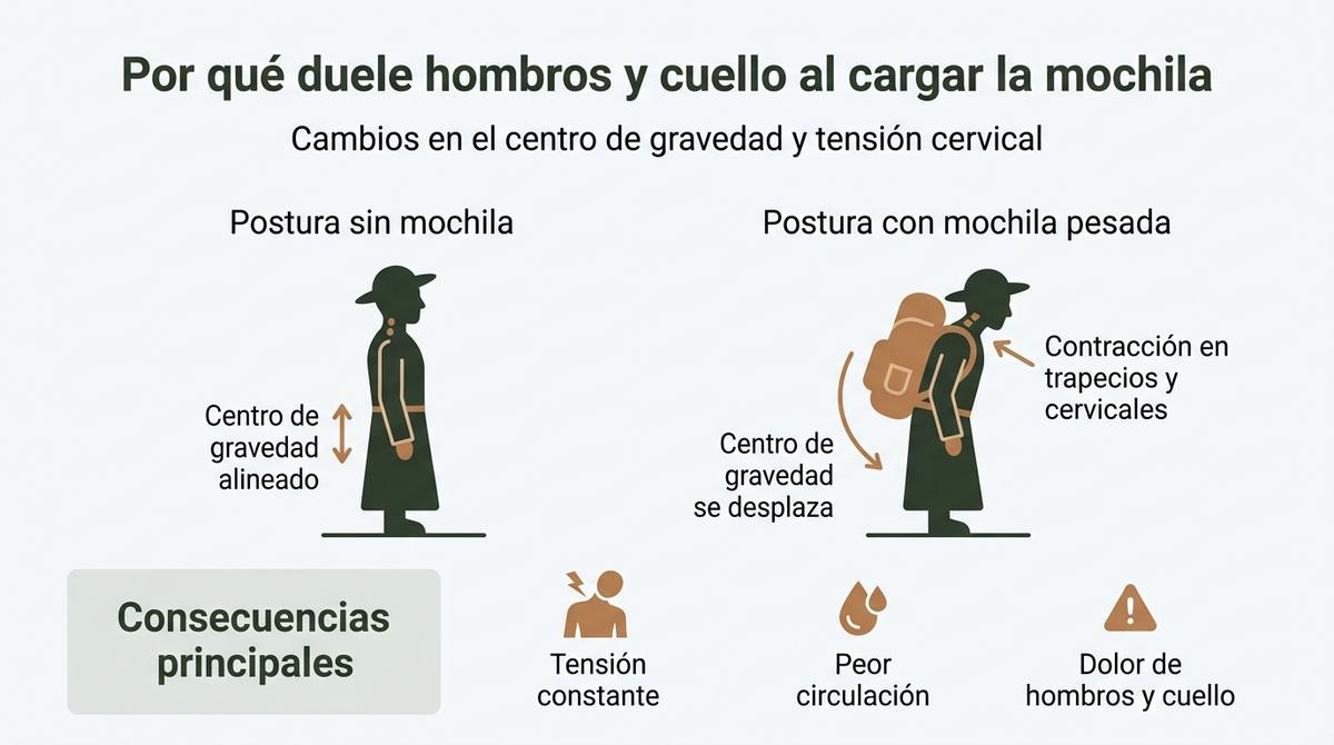 Infografía que explica cómo la postura con mochila pesada desplaza el centro de gravedad y provoca tensión en hombros y cuello.