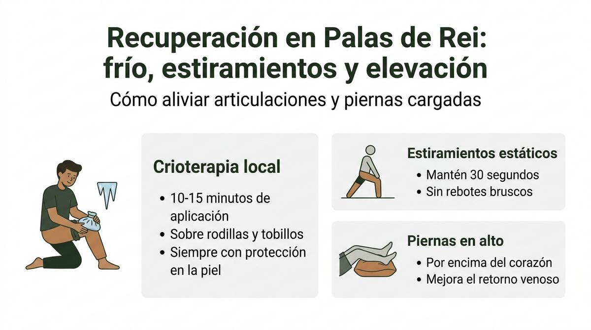 Infografía que explica con iconos la combinación de crioterapia, estiramientos estáticos y elevación de piernas para recuperar en Palas de Rei