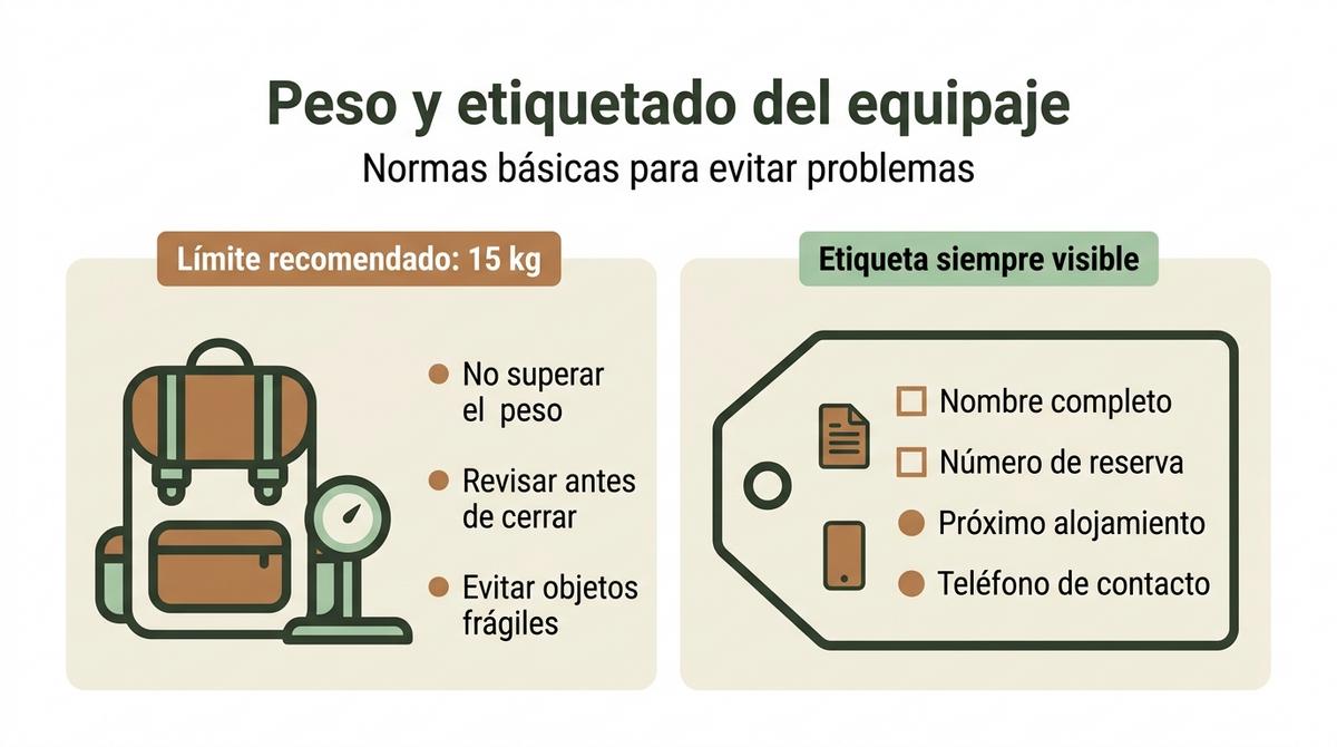 Infografía que muestra el límite de peso recomendado y los datos básicos que debe incluir la etiqueta de una mochila en el Camino de Santiago.