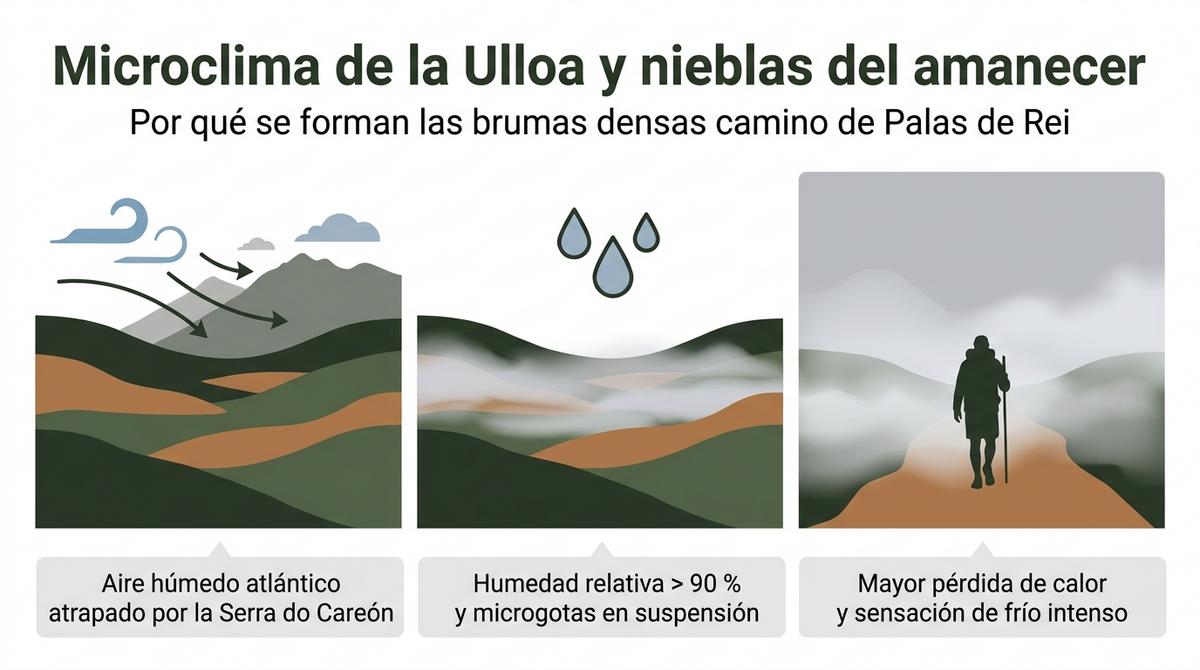 Infografía que muestra el microclima de la Ulloa y cómo se forman las nieblas matinales en los valles camino de Palas de Rei.