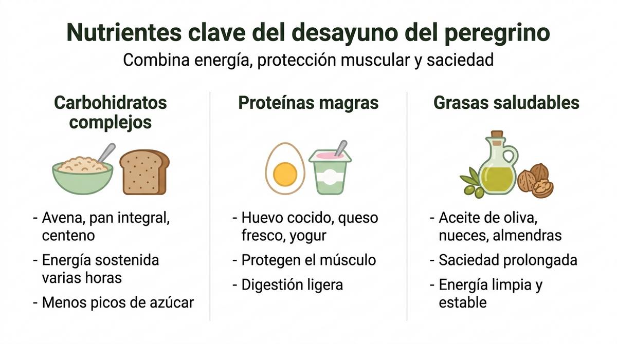 Infografía que muestra en tres columnas los carbohidratos complejos, proteínas magras y grasas saludables recomendados para el desayuno del peregrino.