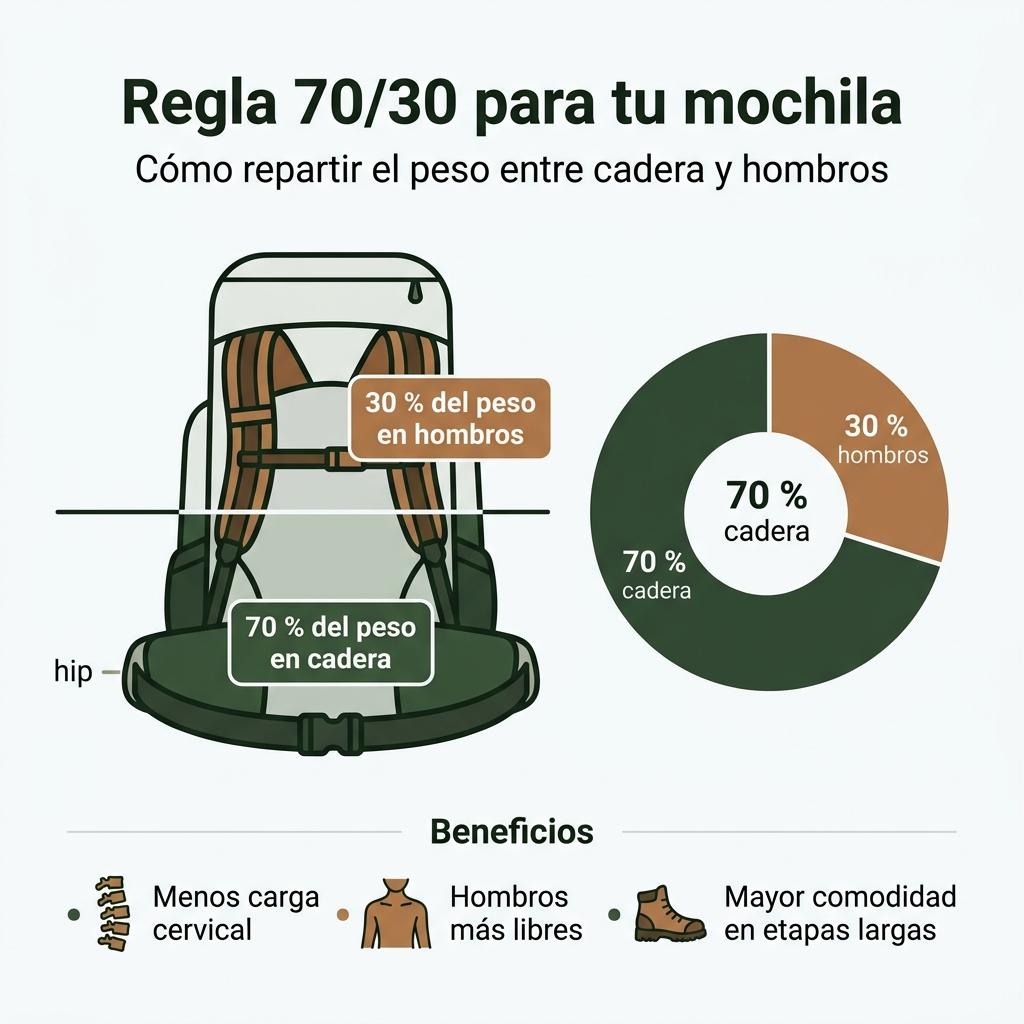 Infografía que muestra la regla 70 30 para repartir el peso de la mochila entre cadera y hombros.