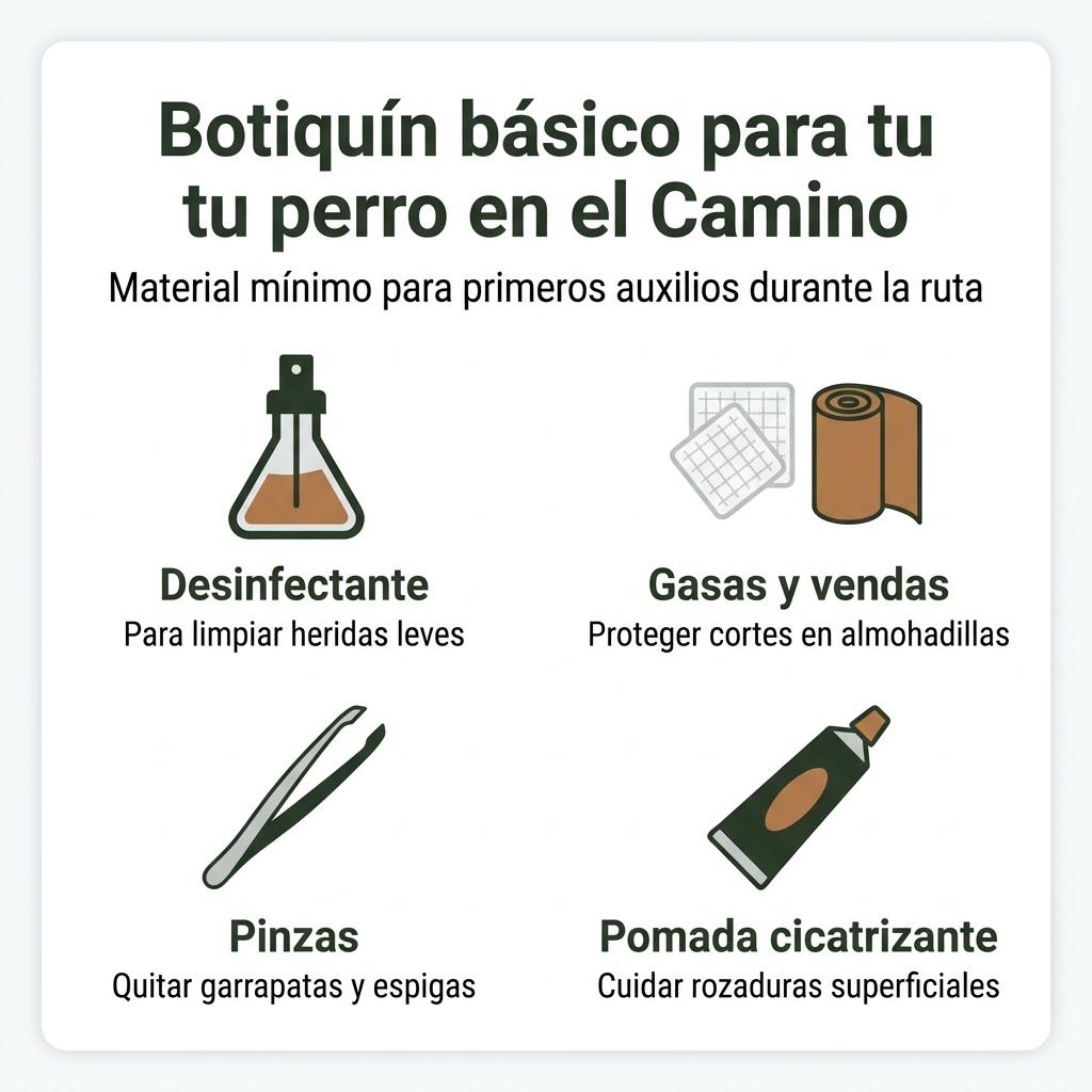 Infografía que muestra los elementos básicos del botiquín para un perro en el Camino de Santiago