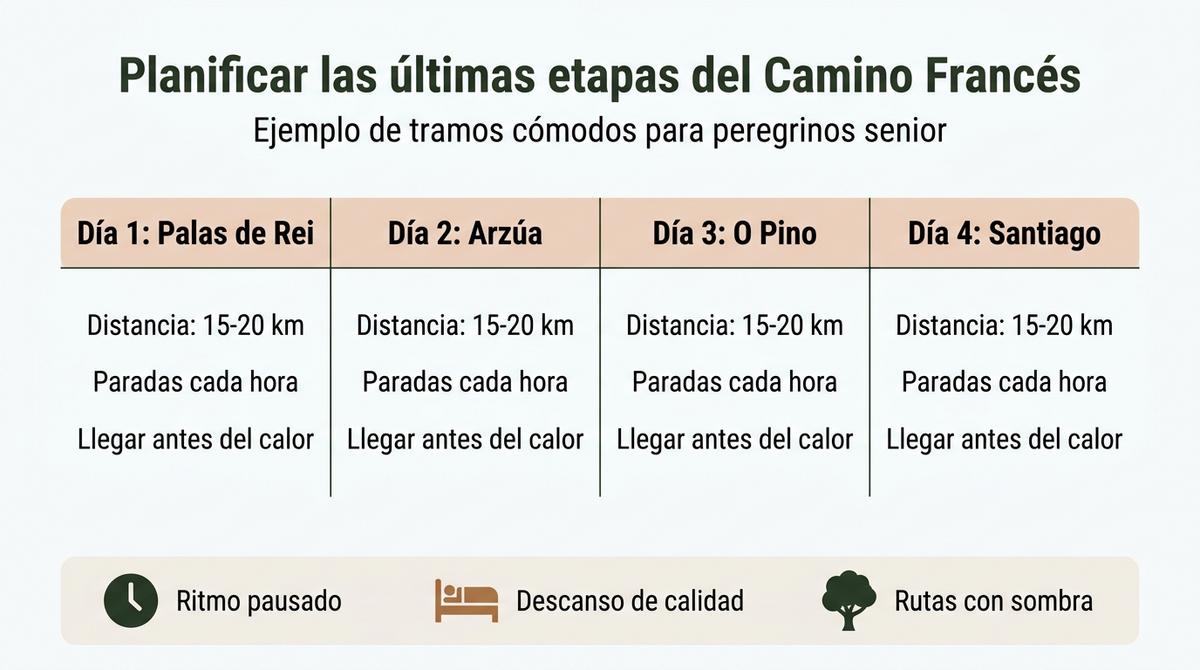Infografía que muestra un ejemplo de planificación de cuatro etapas cómodas desde Palas de Rei hasta Santiago para peregrinos senior