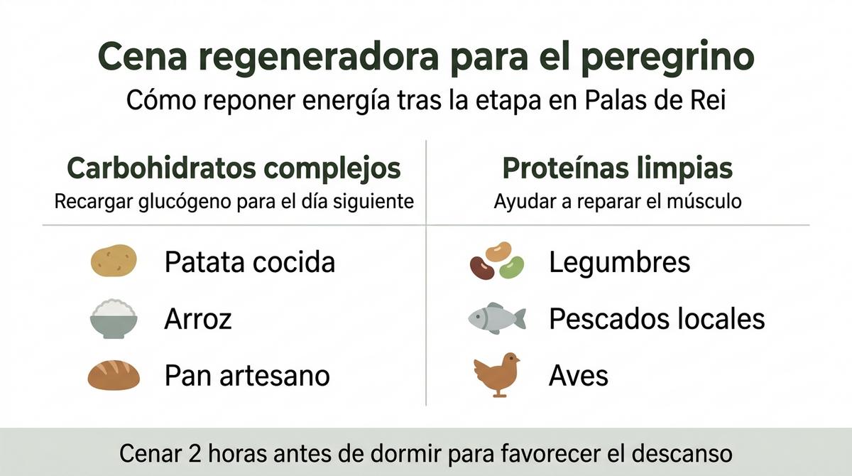 Infografía que muestra una cena regeneradora con carbohidratos complejos y proteínas limpias para peregrinos en Palas de Rei.