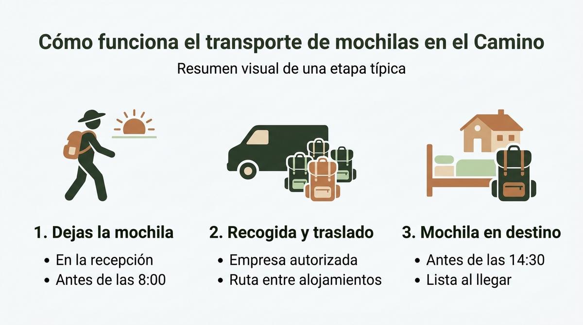 Infografía que resume en tres pasos el funcionamiento del transporte de mochilas en el Camino de Santiago.